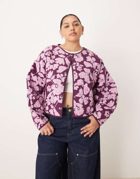 ASOS DESIGN Curve – Pikowana śliwkowa kurtka z kwiatowym wzorem na całej powierzchni - view 1