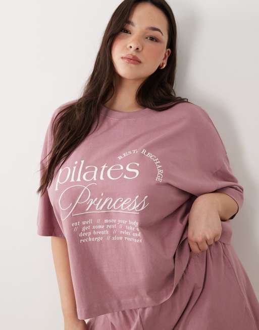 ASOS DESIGN Curve pilates princess graphic tee and short pyjama set in pink, 2 of 5