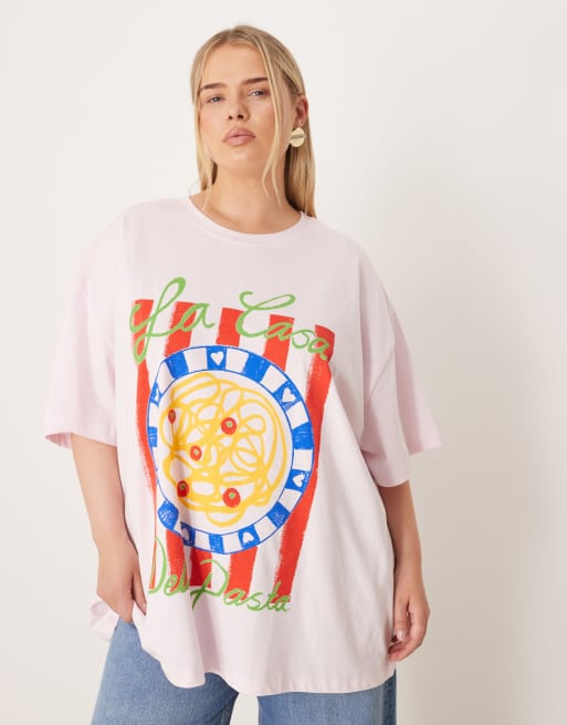 ASOS DESIGN Curve - Pink og oversized T-shirt med pastagrafik