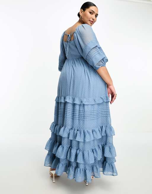 ASOS DESIGN Curve pintuck detail ruffle hem maxi dress in dusky blue dobby, 2 of 4