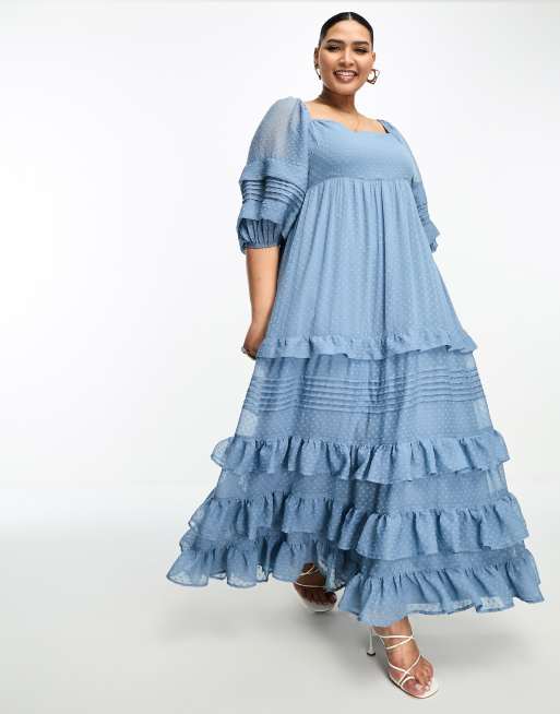 ASOS DESIGN Curve pintuck detail ruffle hem maxi dress in dusky blue texture