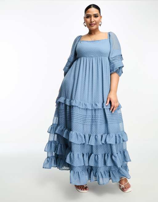 ASOS DESIGN Curve pintuck detail ruffle hem maxi dress in dusky blue texture, 3 of 4