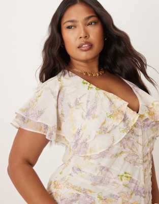 ASOS CURVE ASOS DESIGN CURVE PINTUCK MAXI DRESS WITH CAPE FLUTTER SLEEVE 