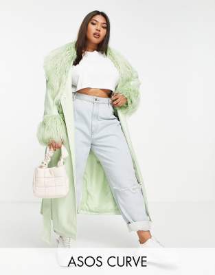 ASOS DESIGN Curve – Pistagegrön kappa i läderimitation med skärp och detaljer i teddy