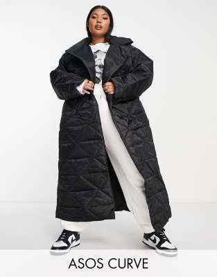 ASOS DESIGN Curve - Piumino trapuntato in nylon nero taglio lungo