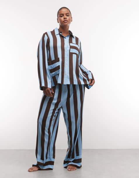 ASOS DESIGN Curve piżama z tkaniny modalowej z długim rękawem w niebieskie paski - view 1