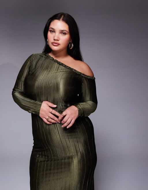 ASOS DESIGN Curve plait neckline plisse maxi dress in khaki, 2 of 4