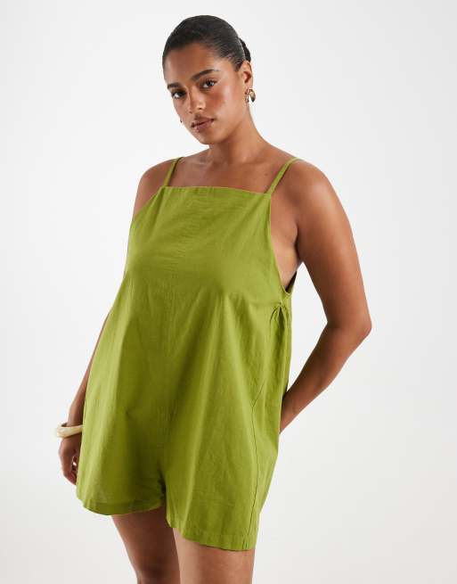 ASOS DESIGN Curve Playsuit aus Baumwoll-Leinen-Mix in Olivgrün, 3 von 4