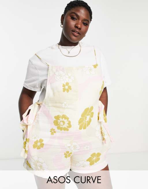 ASOS DESIGN Curve - Playsuit i dobbelt lærredsstof med bindebånd bagpå og Hawaii-print