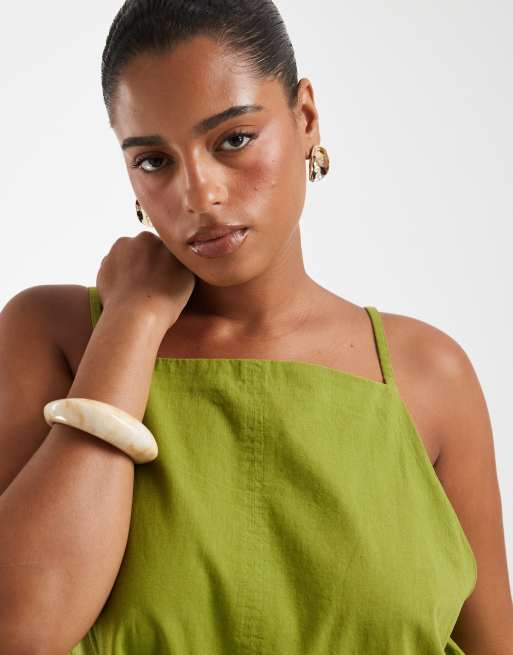 ASOS DESIGN Curve playsuit pinny in misto cotone e lino verde oliva, 2 di 4