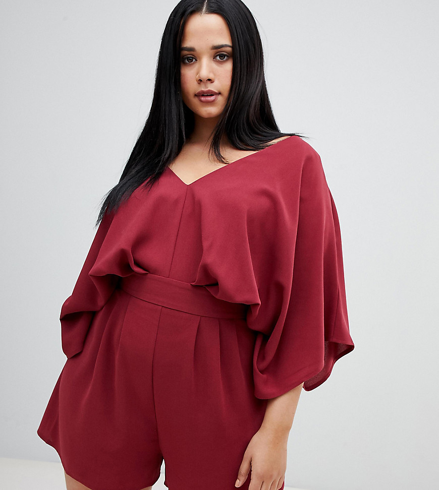 ASOS DESIGN Curve playsuit with kimono sleeve-Red