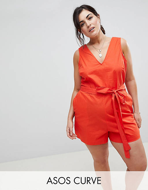 ASOS DESIGN curve playsuit with tie waist in cotton