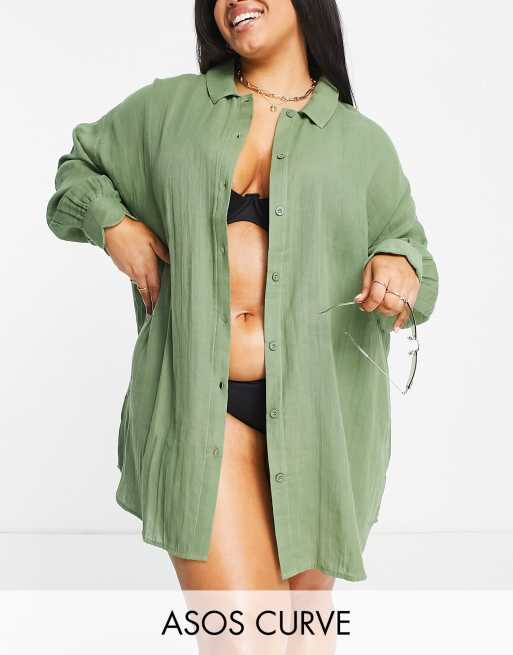 ASOS DESIGN Curve – Plażowa sukienka koszulowa z muszelkowym wykończeniem w kolorze khaki 