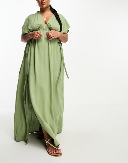 ASOS DESIGN Curve – Plażowa sukienka maxi z rozszerzanymi rękawami i ozdobnym wiązaniem w kolorze khaki
