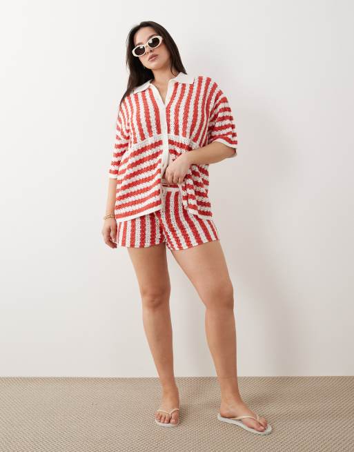 ASOS DESIGN Curve – Czerwony zestaw z materiału slub: koszula w paski i szorty, 3 z 3