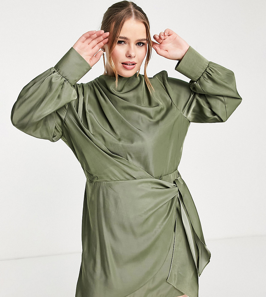 Plus-size dress by ASOS DESIGN Most grammable Cowl front Long sleeves Drape waist Button-keyhole back Regular fit