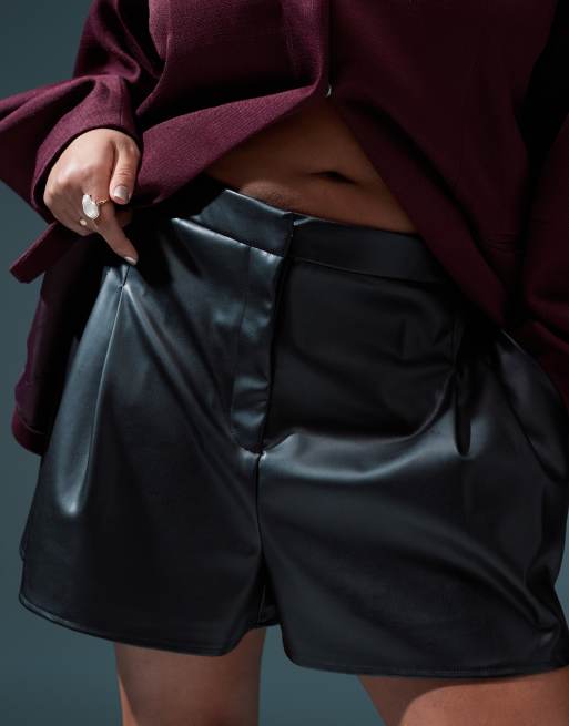 ASOS DESIGN Curve pleat detail faux leather short in black ASOS
