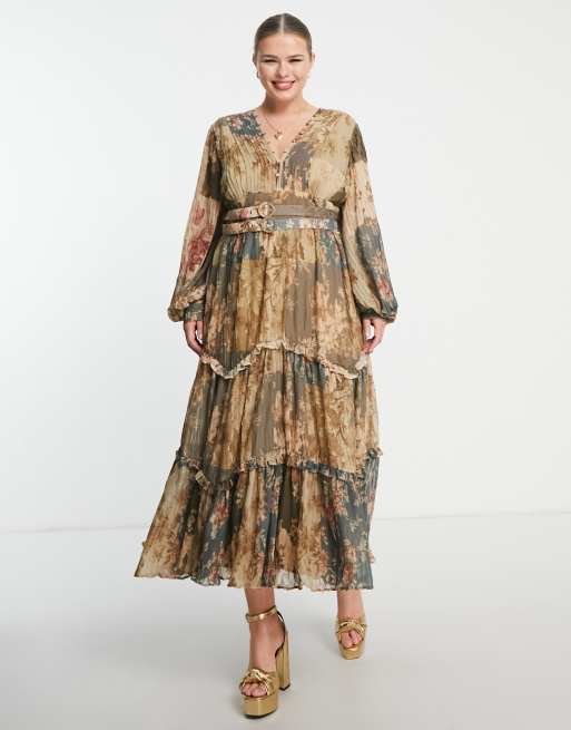 ASOS DESIGN Curve pleat detail midi dress with patchwork print and double belt detail, 4 of 4
