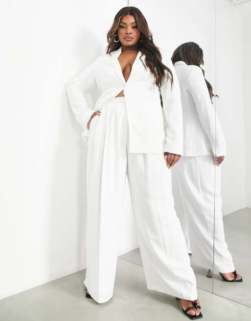 ASOS DESIGN Curve pleat detail wide leg pants in Ivory