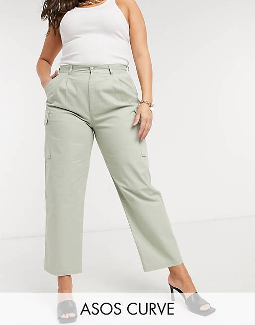 ASOS DESIGN Curve pleat-front chino with cargo pockets in sage