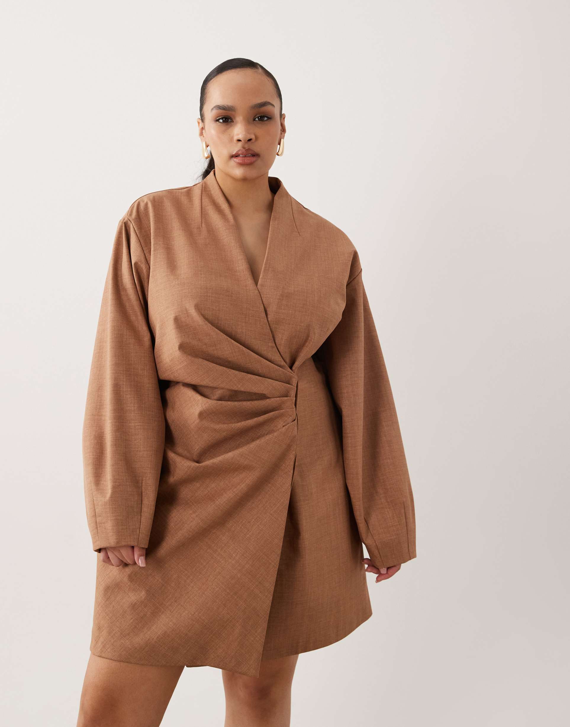 asos design curve pleat waist detail structured blazer dress in beige