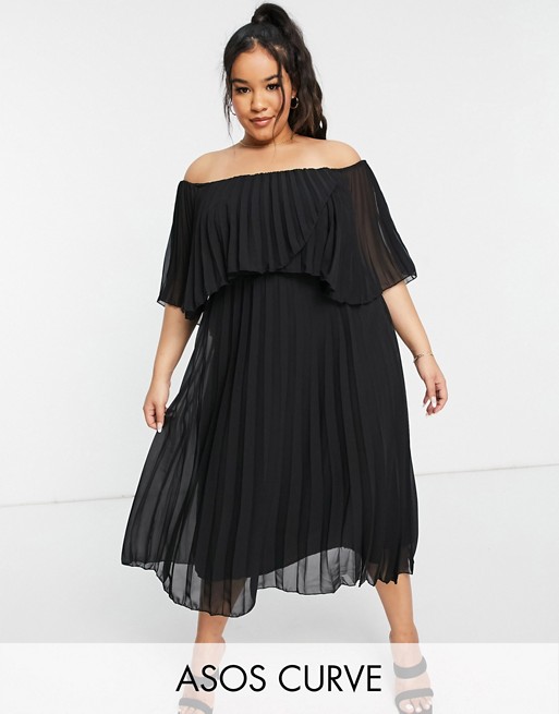 ASOS DESIGN Curve pleated bandeau midi dress with double layer in Black