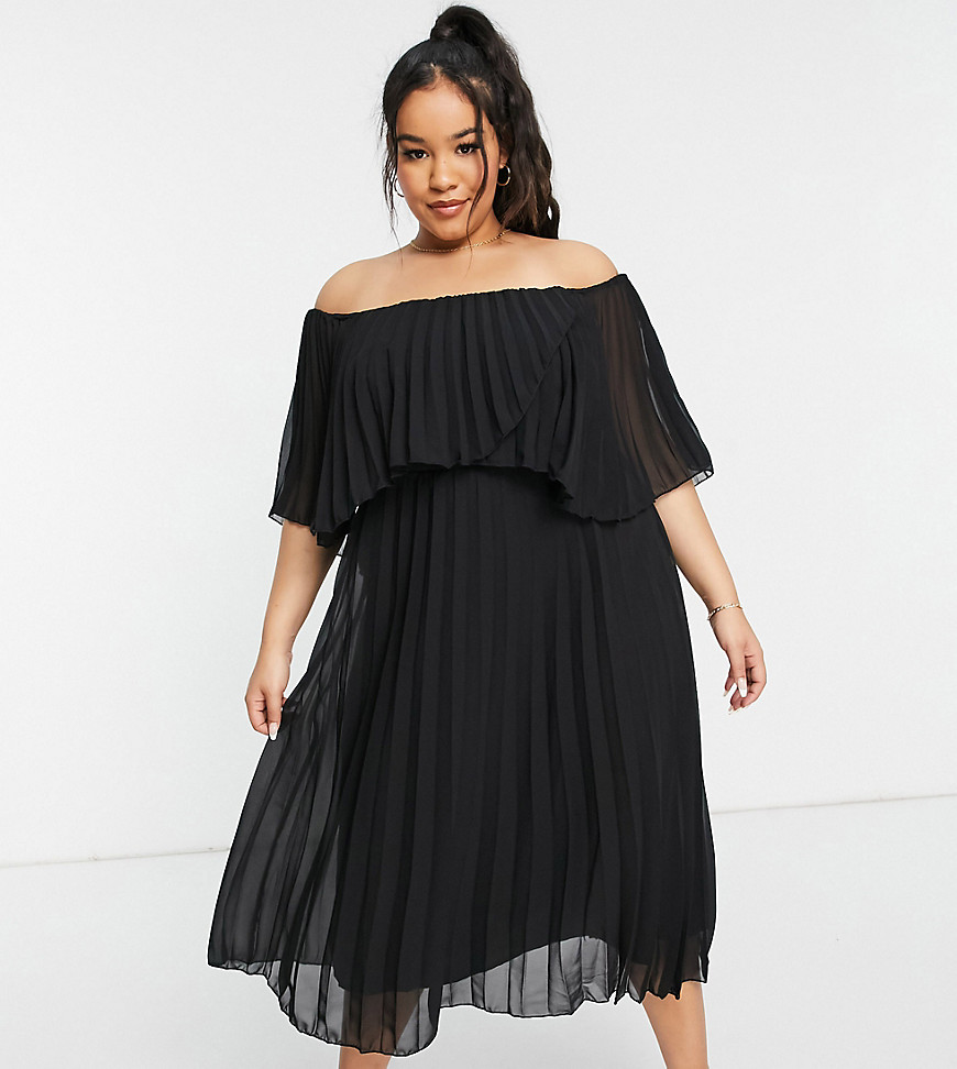 Asos Curve Asos Design Curve Pleated Bandeau Midi Dress With Double Layer In Black
