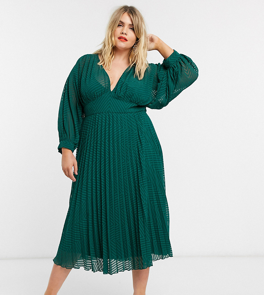 ASOS DESIGN Curve pleated batwing midi dress in chevron dobby in forest green