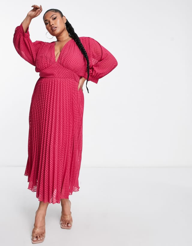 ASOS DESIGN Curve pleated batwing midi dress in chevron texture in pink