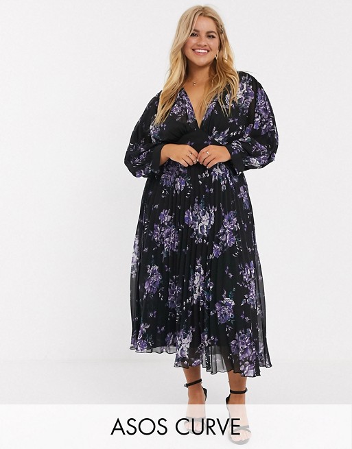 ASOS DESIGN Curve pleated batwing midi dress in floral print