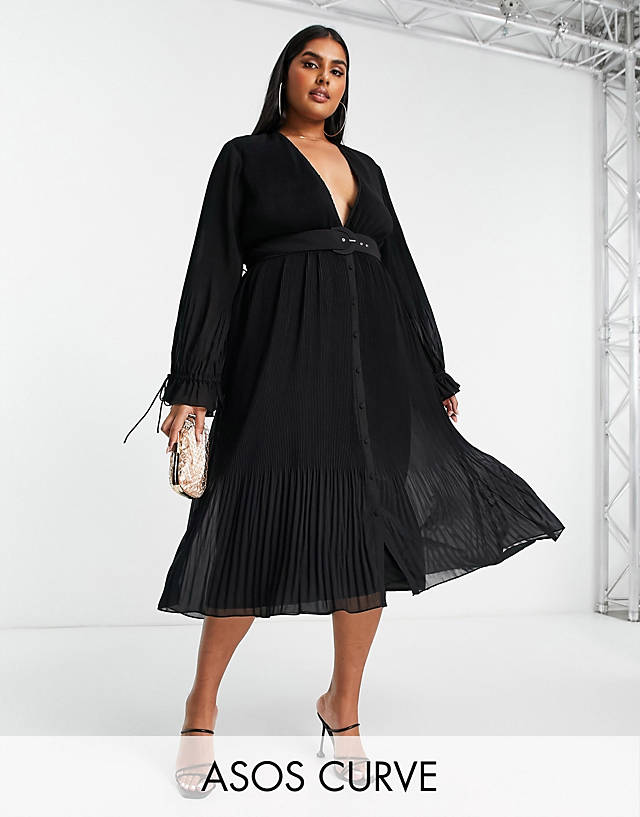 ASOS DESIGN Curve pleated blouson sleeve midi dress with belt detail in black