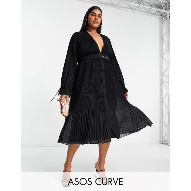 ASOS DESIGN Curve pleated blouson sleeve midi dress with belt