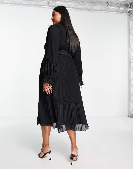 ASOS DESIGN Curve pleated blouson sleeve midi dress with belt detail in  black