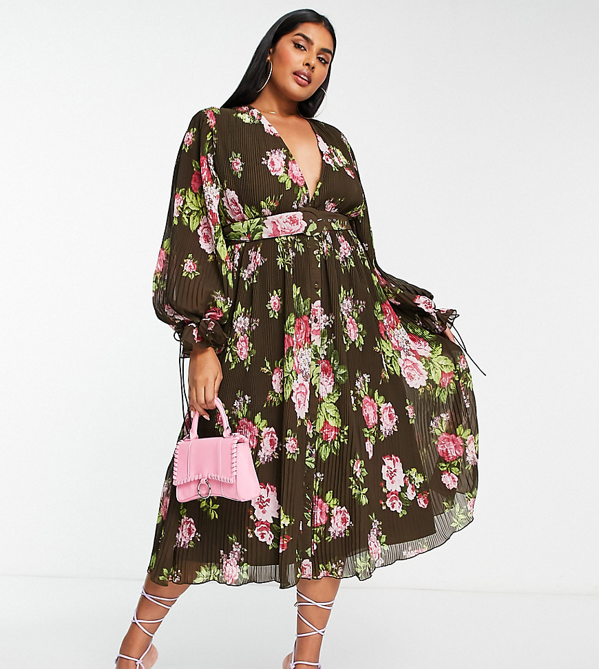 ASOS DESIGN Curve pleated blouson sleeve midi dress with belt detail in floral print-Multi