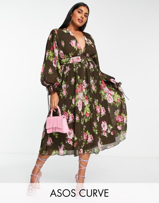 Asos Design Curve Pleated Blouson Sleeve Midi Dress With Belt Detail In Floral Print Asos