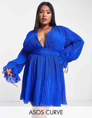 ASOS DESIGN Curve pleated blouson sleeve mini dress with belt detail in cobalt blue