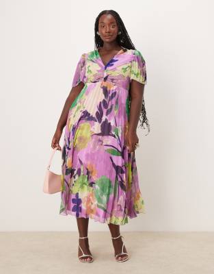 Asos Curve Asos Design Curve Pleated Bodice Flutter Sleeve Pleat Midi Dress In Forest Green-multi
