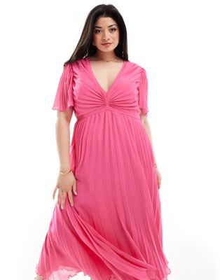 Asos Curve Asos Design Curve Pleated Bodice Flutter Sleeve Pleat Midi Dress In Hot Pink