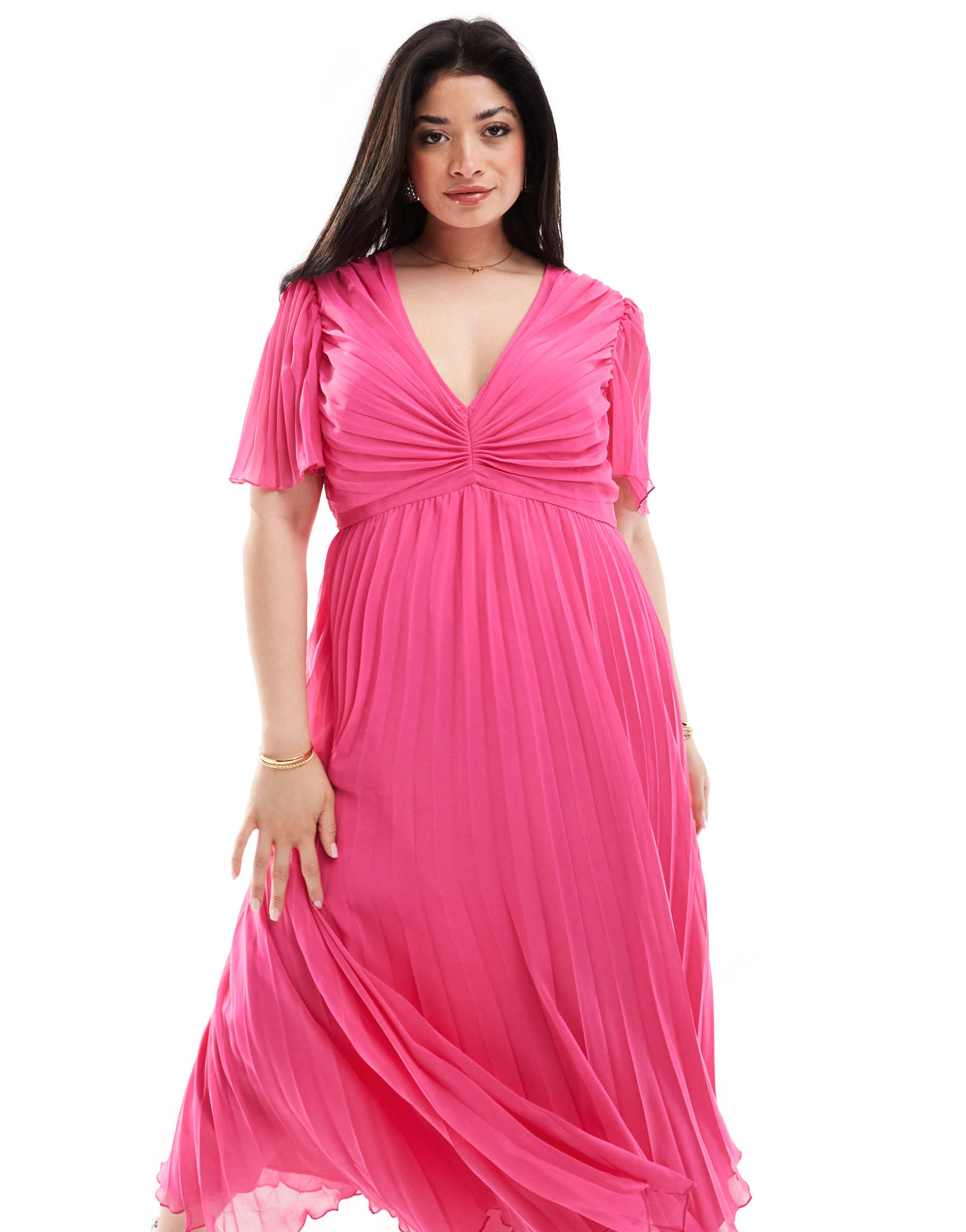 asos design curve pleated bodice flutter sleeve pleat midi dress in hot pink