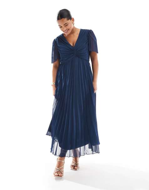 ASOS DESIGN Curve pleated bodice flutter sleeve pleat midi dress in navy - view 1