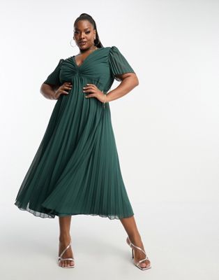 Asos Curve Asos Design Curve Pleated Bodice Flutter Sleeve Pleat Midi Dress In Pine Green
