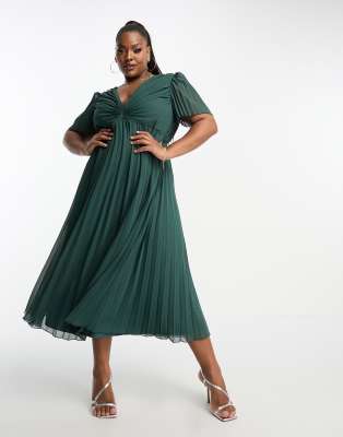 ASOS DESIGN Curve pleated bodice flutter sleeve pleat midi dress in pine  green | ASOS