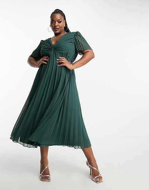 ASOS DESIGN Maternity twist front pleated cami midi dress with belt in  forest green