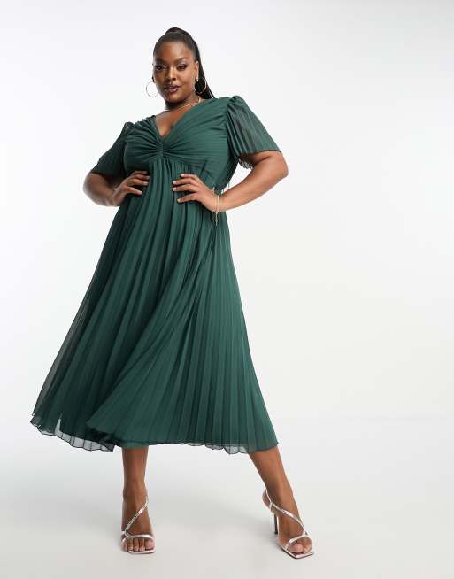 Plus Chiffon Pleated Off Shoulder Midi Dress