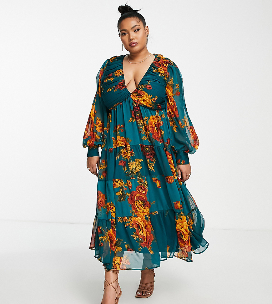 ASOS DESIGN Curve pleated bodice midi dress with tiered skirt and lace back detail in blue floral print