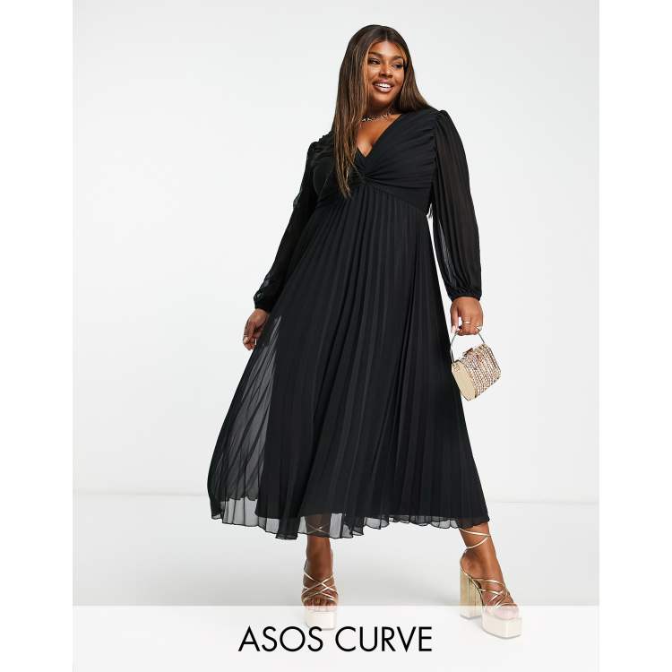 asos black pleated dress DESIGN Curve bodice plunge neck midi in black pleated mini dress