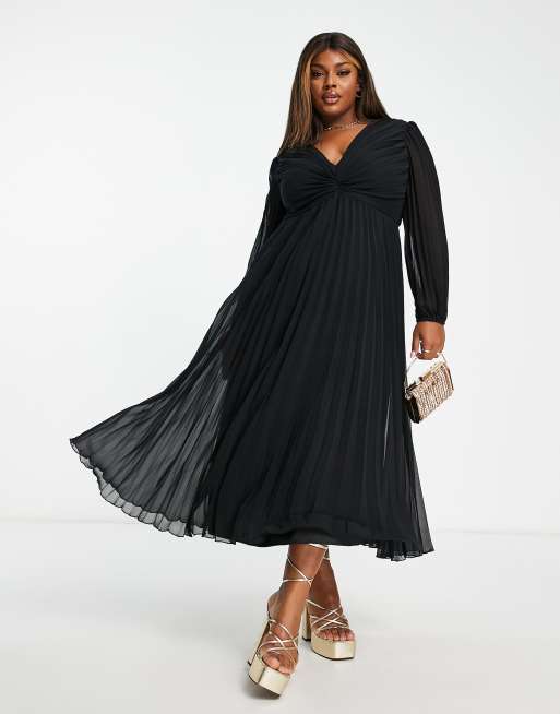 ASOS DESIGN Curve pleated bodice plunge neck midi dress in black