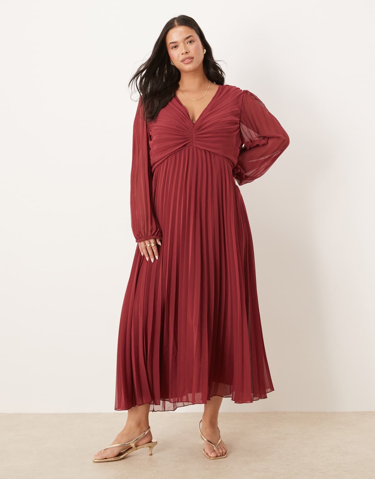 ASOS DESIGN Curve pleated bodice plunge neck midi dress in burgundy