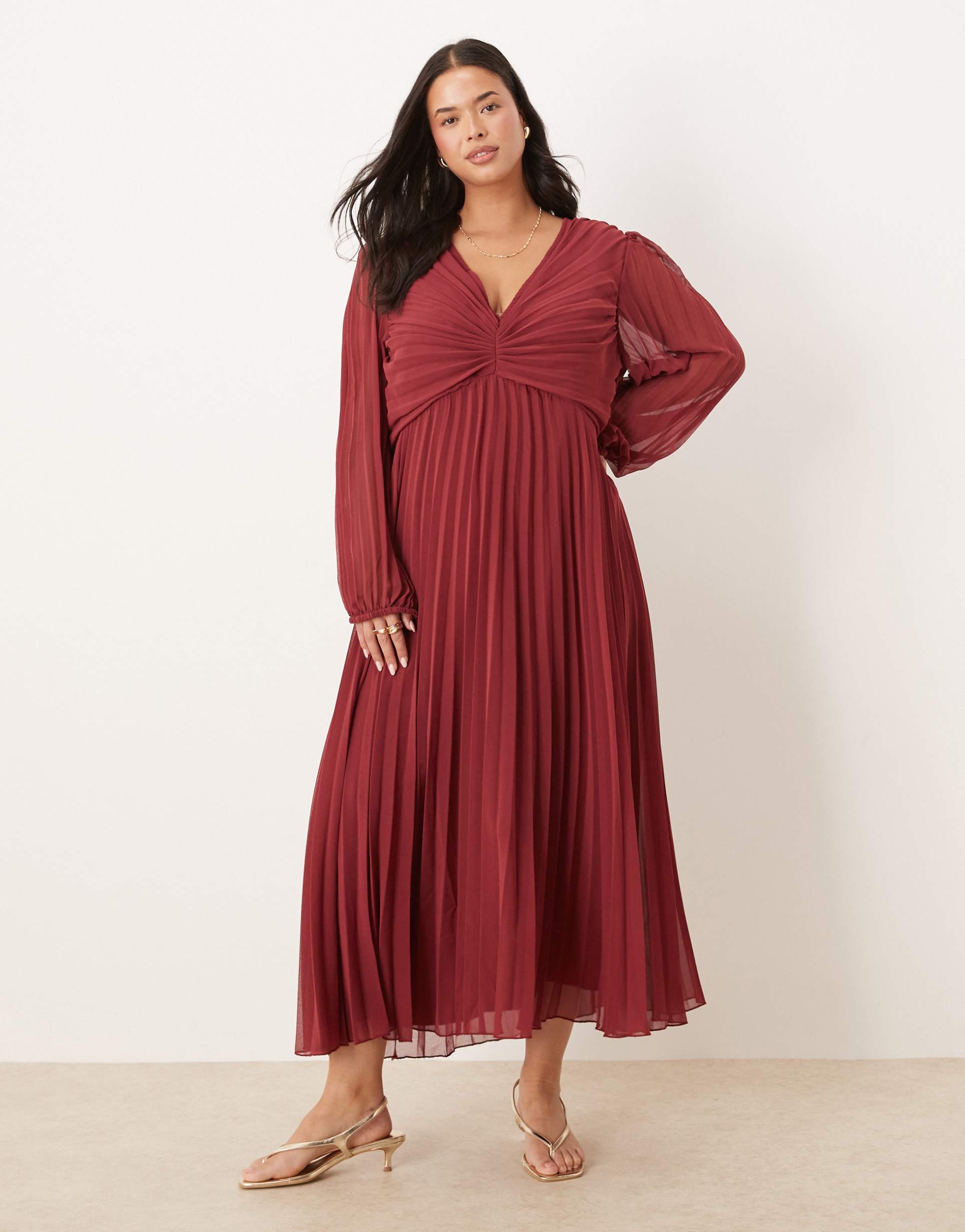 asos design curve pleated bodice plunge neck midi dress in burgundy