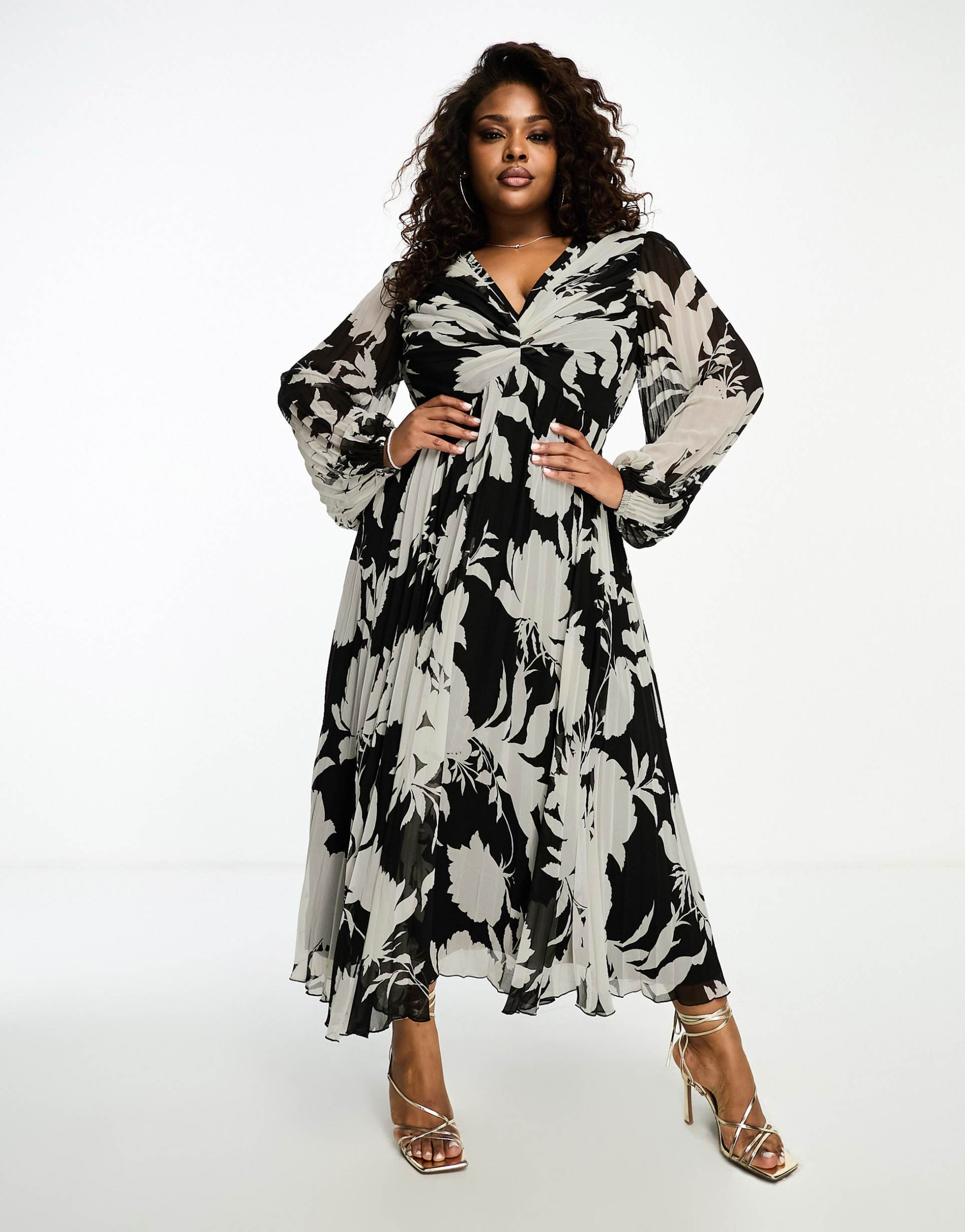 asos design curve pleated bodice plunge neck midi dress in mono floral print